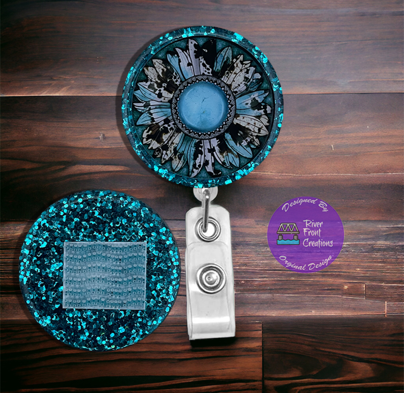 Round, Cowhide, Turquoise, Badge Reel, Glitter, Interchangeable, 2-inches,  ID Holder, Badge Holder, Name Badge, Medical ID, Nurse Badge